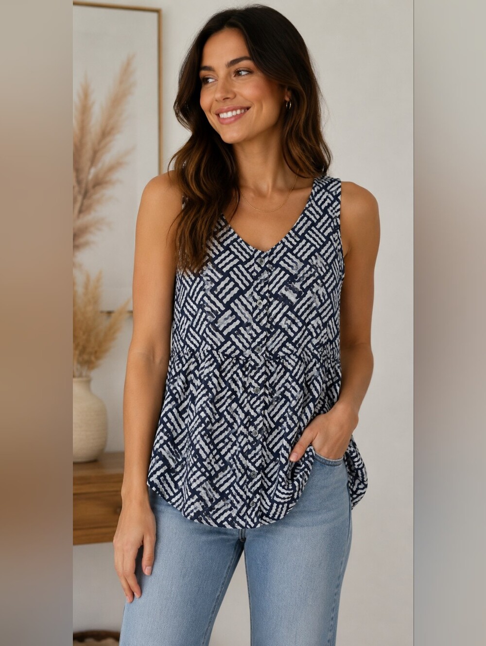 Maeve by Anthropologie Navy & White Printed Blouse
